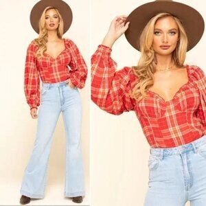 Free People Cherry Bomb Madras Plaid Blouse Top In Red Gingham Plaid Size Large